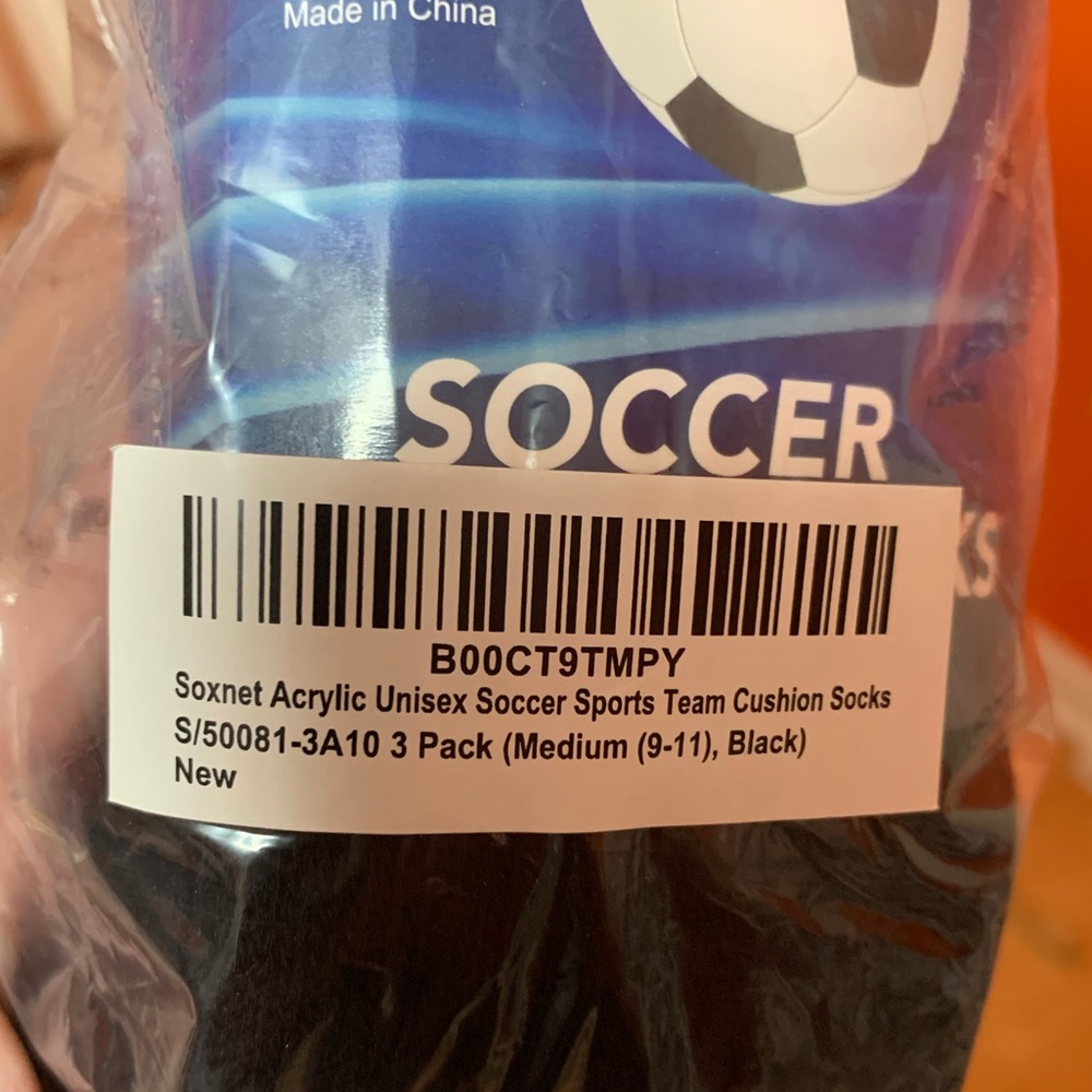 New, black Soxnet soccer socks, 3-pack sz 9-11